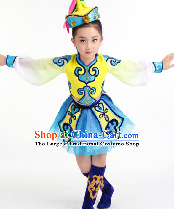 Traditional Chinese Child Mongol Nationality Blue Skirt Ethnic Minority Folk Dance Costume for Kids