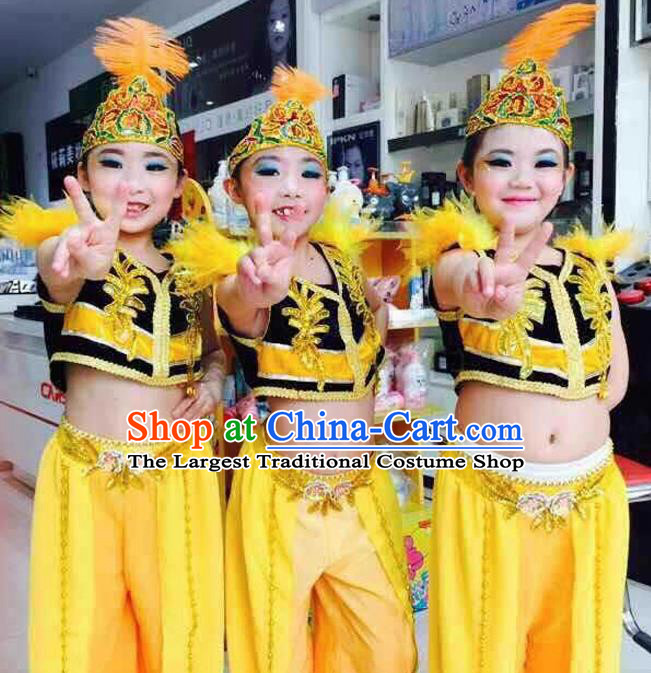 Traditional Chinese Xinjiang Uyghur Nationality Child Yellow Dress Ethnic Minority Folk Dance Costume for Kids