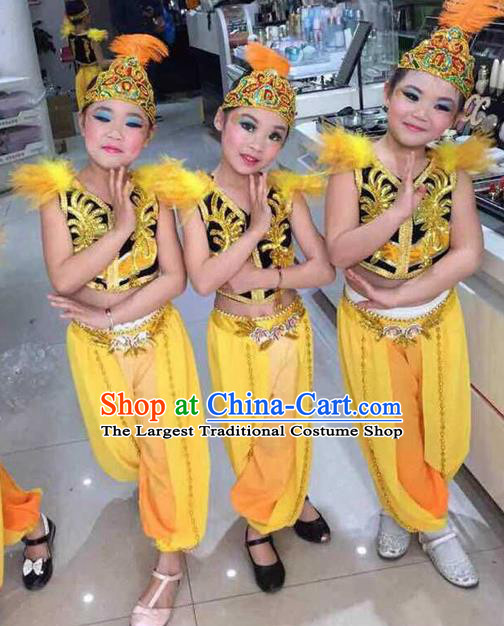 Traditional Chinese Xinjiang Uyghur Nationality Child Yellow Dress Ethnic Minority Folk Dance Costume for Kids