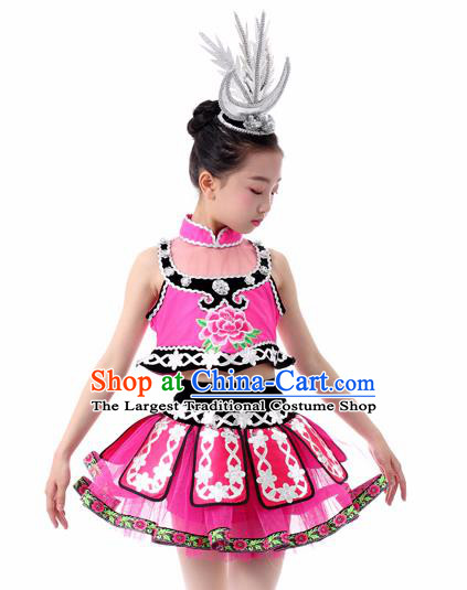 Traditional Chinese Child Miao Nationality Rosy Skirt Ethnic Minority Folk Dance Costume for Kids