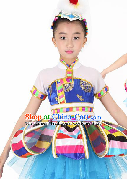 Traditional Chinese Child Tibetan Nationality Blue Dress Ethnic Minority Folk Dance Costume for Kids