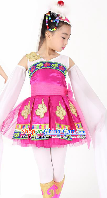 Traditional Chinese Child Tibetan Nationality Rosy Dress Ethnic Minority Folk Dance Costume for Kids