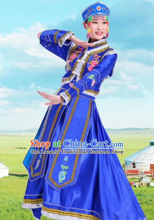 Traditional Chinese Mongol Nationality Royalblue Dress Ethnic Minority Folk Dance Costume for Women