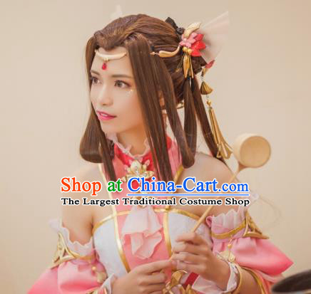 Traditional Chinese Cosplay Fairy Princess Brown Wigs Sheath Ancient Female Swordsman Chignon and Hair Accessories for Women