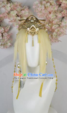 Traditional Chinese Cosplay Female Swordsman Golden Wigs Sheath Ancient Fairy Princess Chignon and Hair Accessories for Women
