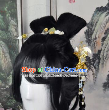 Traditional Chinese Cosplay Flowers Fairy Female Swordsman Black Wigs Sheath Ancient Princess Chignon for Women