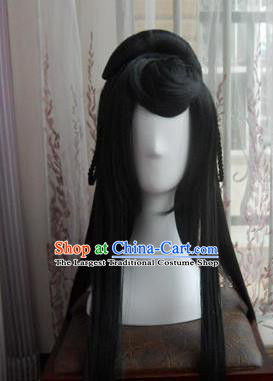 Traditional Chinese Cosplay Empress Bai Qian Black Long Wigs Sheath Ancient Female Swordsman Chignon for Women