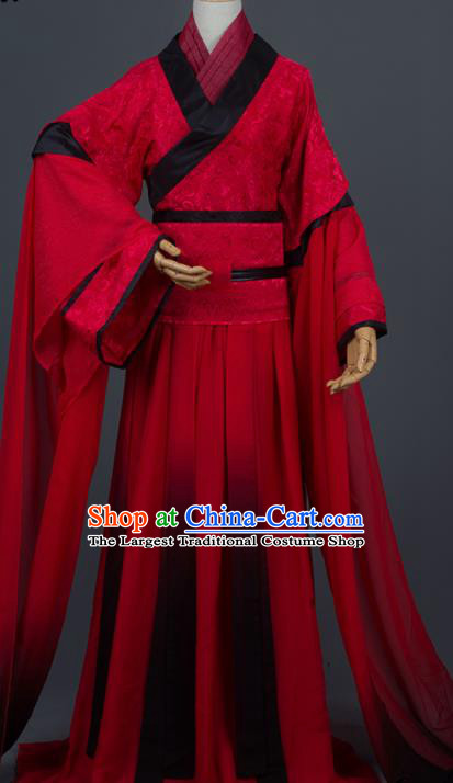 Traditional Chinese Cosplay Crown Prince Wedding Red Costumes Ancient Swordsman Hanfu Clothing for Men
