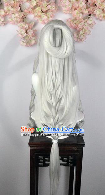 Traditional Chinese Cosplay Swordsman Queen White Wigs Sheath Ancient Goddess Chignon for Women