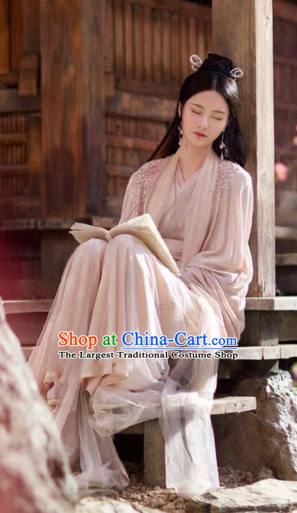 Chinese Ancient Goddess Pink Dress Drama Love and Destiny Princess Qing Yao Zhang Zhixi Costumes and Headpiece for Women