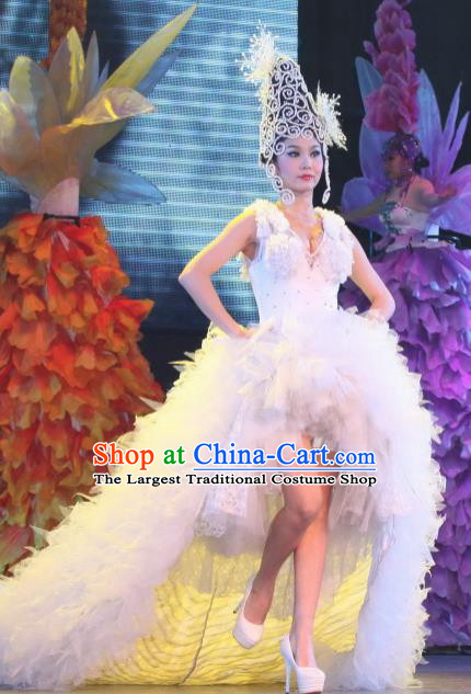 Chinese Night Of West Lake Modern Dance White Dress Stage Performance Costume and Headpiece for Women