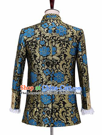 Traditional England Prince Costumes European Court Jacquard Weave Blue Flowers Vest Coat Clothing for Men