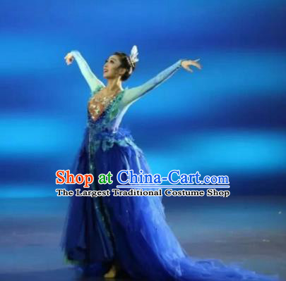 Chinese Zhaojun Chu Sai Mongol Nationality Blue Dress Stage Performance Dance Costume and Headpiece for Women