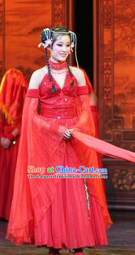Chinese Impression of Suzhou Classical Dance Red Dress Stage Performance Costume and Headpiece for Women