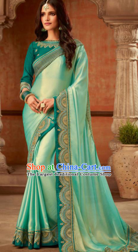 Asian India Traditional Costume Indian Bollywood Embroidered Green Silk Sari Dress for Women