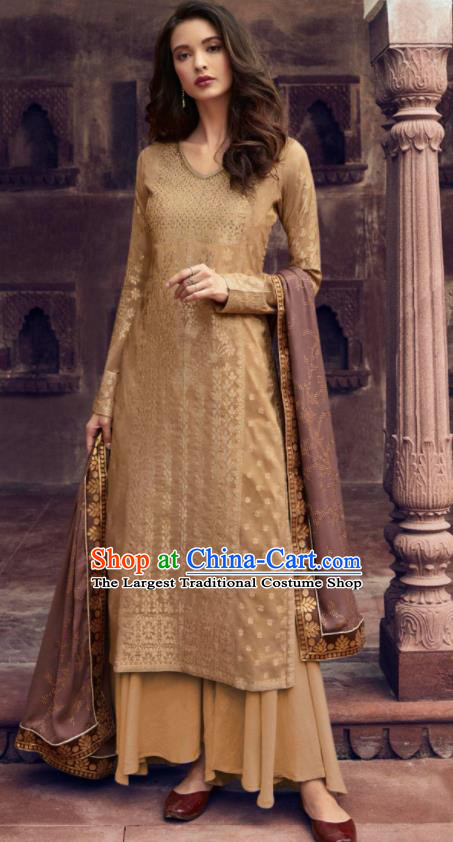 Asian Indian Punjabis Embroidered Khaki Blouse and Pants India Traditional Lehenga Choli Costumes Complete Set for Women