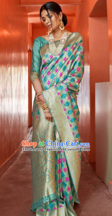 Asian Indian Bollywood Printing Green Silk Dress India Traditional Sari Costumes for Women