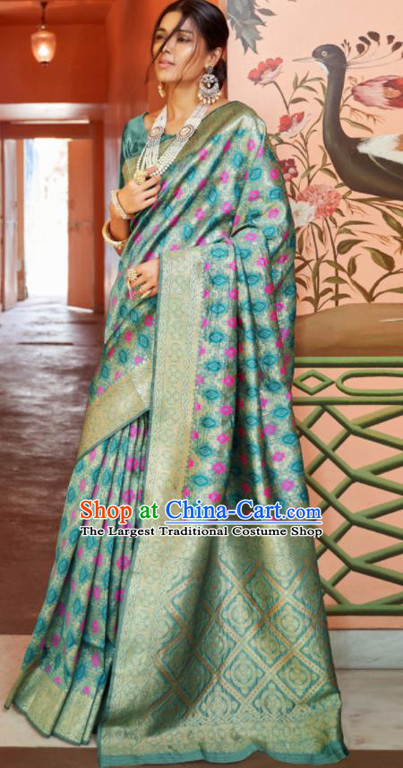 Asian Indian Bollywood Printing Green Silk Dress India Traditional Sari Costumes for Women