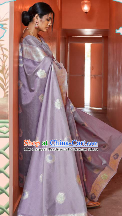 Asian Indian Bollywood Printing Lilac Silk Dress India Traditional Sari Costumes for Women