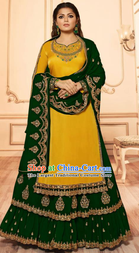 Asian India Traditional Lehenga Choli Costumes Indian Bollywood Embroidered Deep Green Skirt and Yellow Blouse for Women