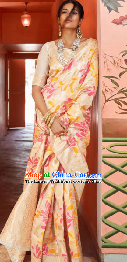 Asian Indian Bollywood Printing Golden Silk Dress India Traditional Sari Costumes for Women