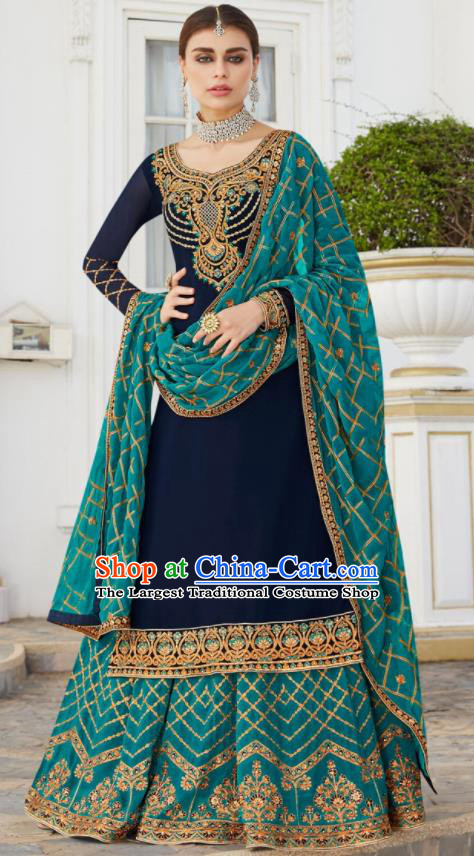 Asian Indian Bride Embroidered Navy Blouse and Blue Skirt India Traditional Lehenga Choli Costumes Complete Set for Women