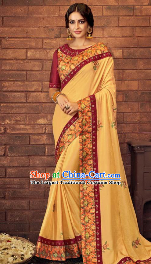 Asian Indian Court Yellow Silk Embroidered Sari Dress India Traditional Bollywood Costumes for Women