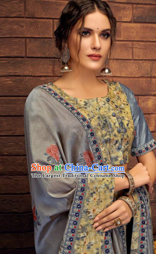 Asian Indian Court Grey Blue Silk Embroidered Sari Dress India Traditional Bollywood Costumes for Women