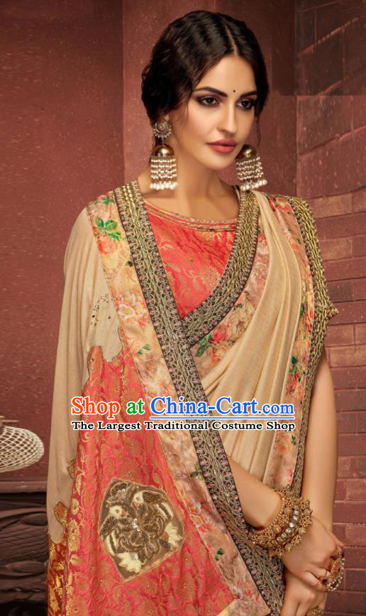 Asian Indian Court Ginger Silk Embroidered Sari Dress India Traditional Bollywood Costumes for Women