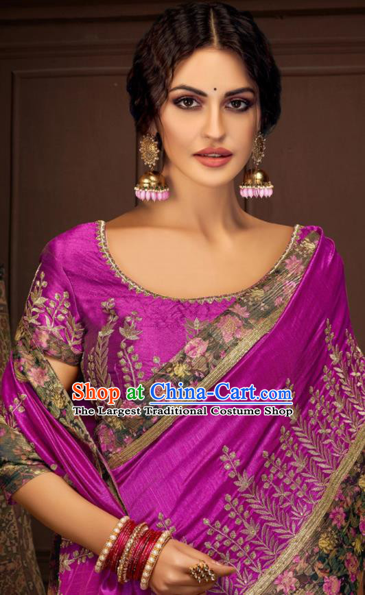 Asian Indian Court Purple Silk Embroidered Sari Dress India Traditional Bollywood Costumes for Women