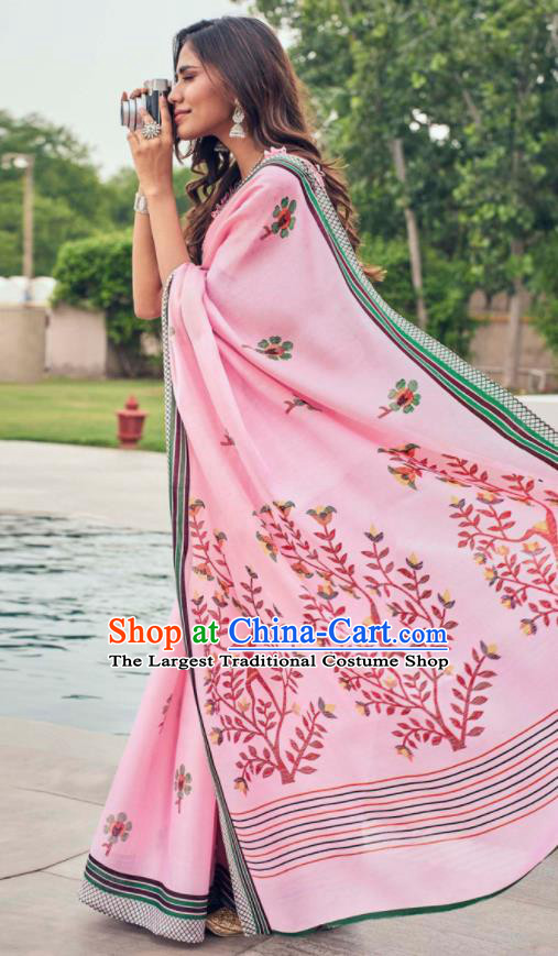 Asian Indian Court Pink Tussar Silk Sari Dress India Traditional Bollywood Costumes for Women