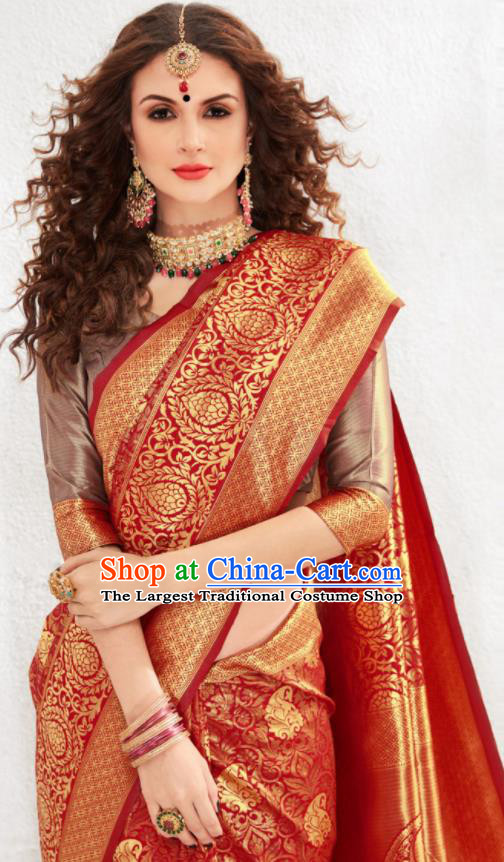 Asian Indian Court Red Silk Sari Dress India Traditional Bollywood Costumes for Women