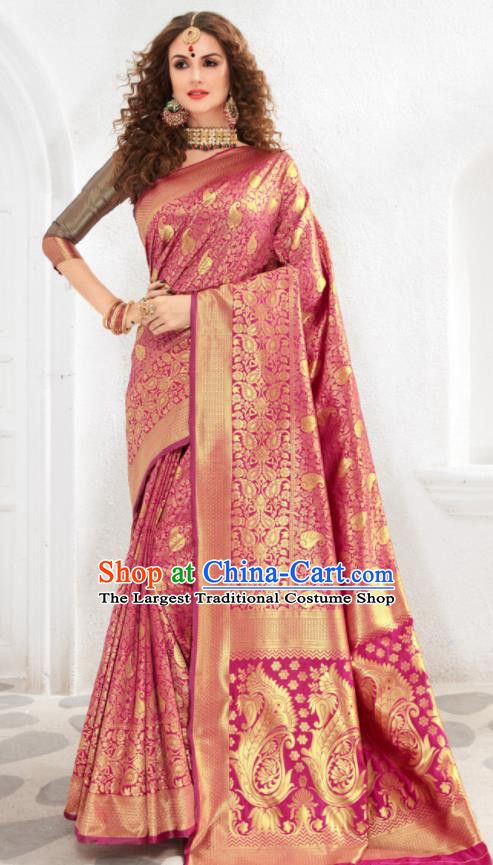 Asian Indian Court Rosy Silk Sari Dress India Traditional Bollywood Costumes for Women