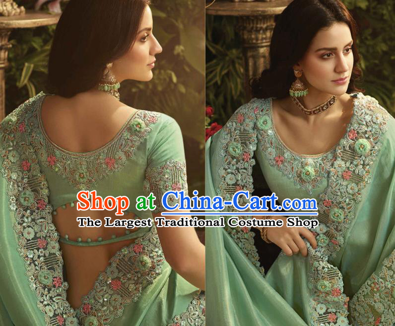 Asian Indian Court Princess Light Green Embroidered Satin Sari Dress India Traditional Bollywood Costumes for Women