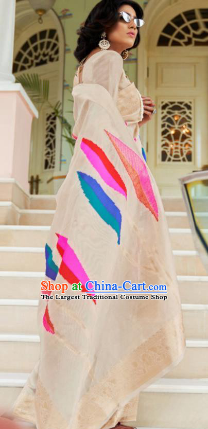 Asian Indian Court Beige Silk Sari Dress India Traditional Bollywood Princess Costumes for Women
