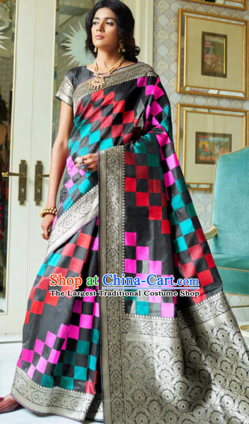 Asian Indian Court Black Silk Sari Dress India Traditional Bollywood Princess Costumes for Women