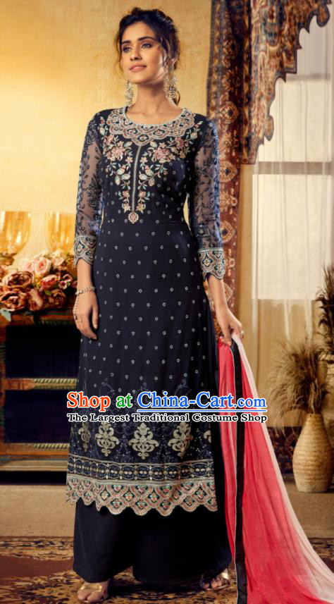 Asian Indian Punjabis Embroidered Navy Skirt and Blouse India Traditional Lehenga Choli Costumes Complete Set for Women