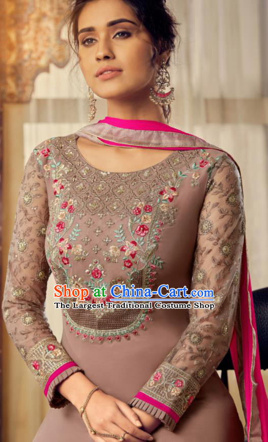 Asian Indian Punjabis Embroidered Cameo Brown Skirt and Blouse India Traditional Lehenga Choli Costumes Complete Set for Women