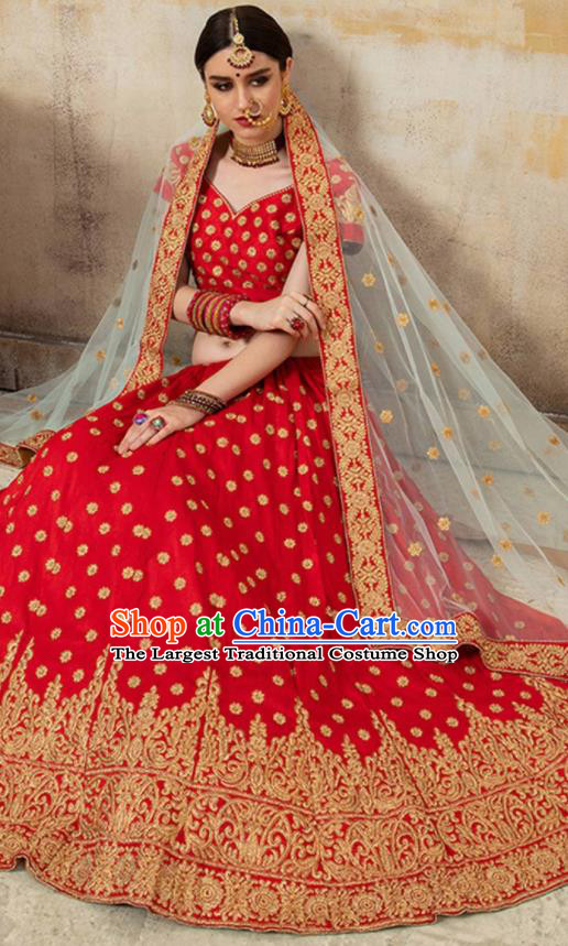 Asian Indian Bollywood Wedding Red Silk Dress India Traditional Bride Costumes for Women