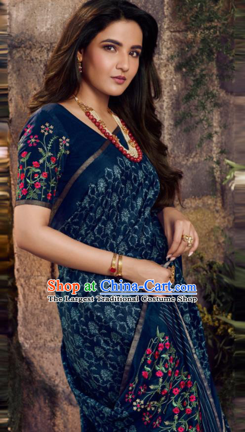 Asian India Traditional Sari Costumes Indian Bollywood Embroidered Navy Silk Dress for Women