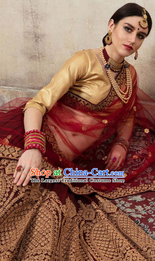 Asian Indian Bollywood Wedding Wine Red Silk Dress India Traditional Bride Lehenga Costumes for Women