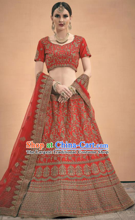 Asian Indian Bollywood Wedding Embroidered Red Silk Dress India Traditional Bride Lehenga Costumes for Women