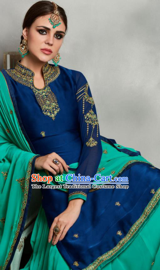 Asian Indian Punjabis Embroidered Royalblue Blouse and Green Skirt India Traditional Lehenga Choli Costumes Complete Set for Women