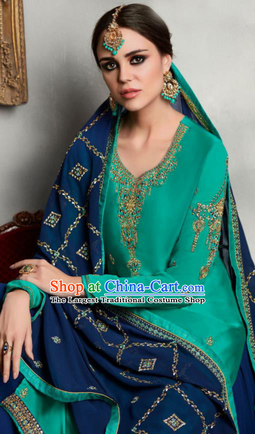 Asian Indian Punjabis Embroidered Green Blouse and Navy Skirt India Traditional Lehenga Choli Costumes Complete Set for Women