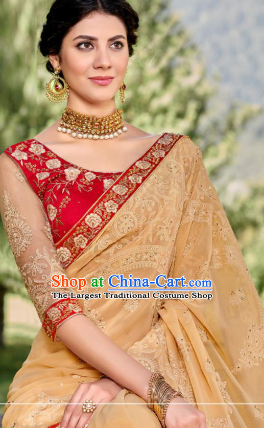 Asian Indian Embroidered Apricot Georgette Sari Dress India Traditional Bollywood Court Costumes for Women