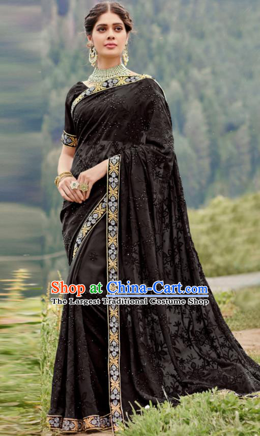 Asian Indian Embroidered Black Georgette Sari Dress India Traditional Bollywood Court Costumes for Women