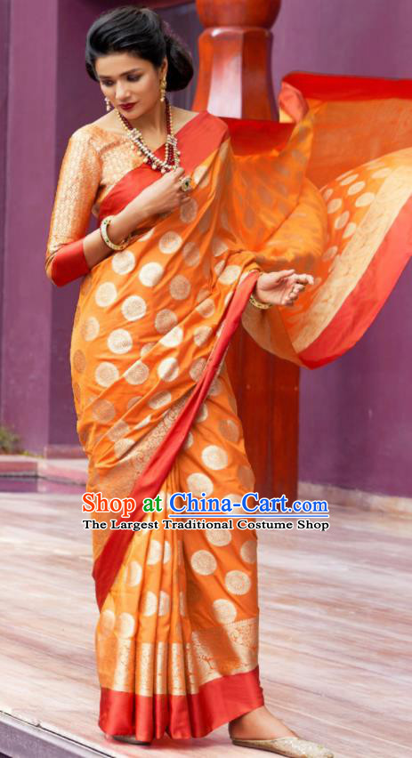 Asian Indian Festival Orange Silk Sari Dress India Bollywood Traditional Court Costumes for Women