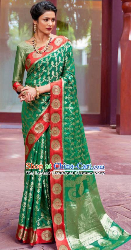 Asian Indian Festival Green Silk Sari Dress India Bollywood Traditional Court Costumes for Women