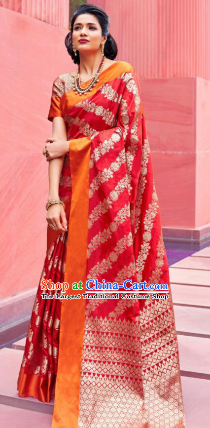 Asian Indian Festival Red Silk Sari Dress India Bollywood Traditional Court Costumes for Women