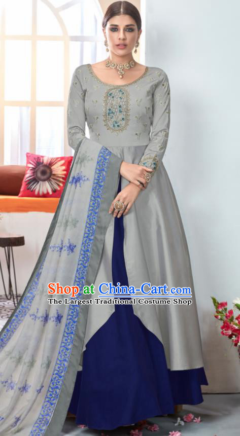 Asian Indian Festival Embroidered Grey Taffeta Dress India Bollywood Traditional Lehenga Court Costumes for Women